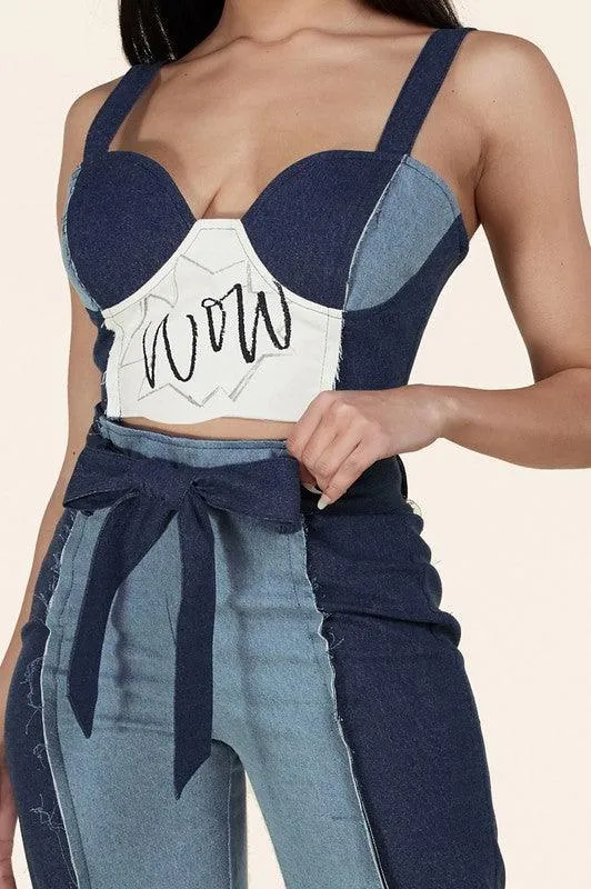 MUITI DENIM 2PCS BUSTIER CROP TOP AND PANT SET