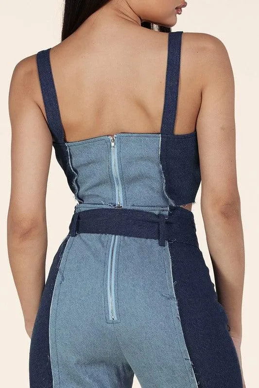 MUITI DENIM 2PCS BUSTIER CROP TOP AND PANT SET
