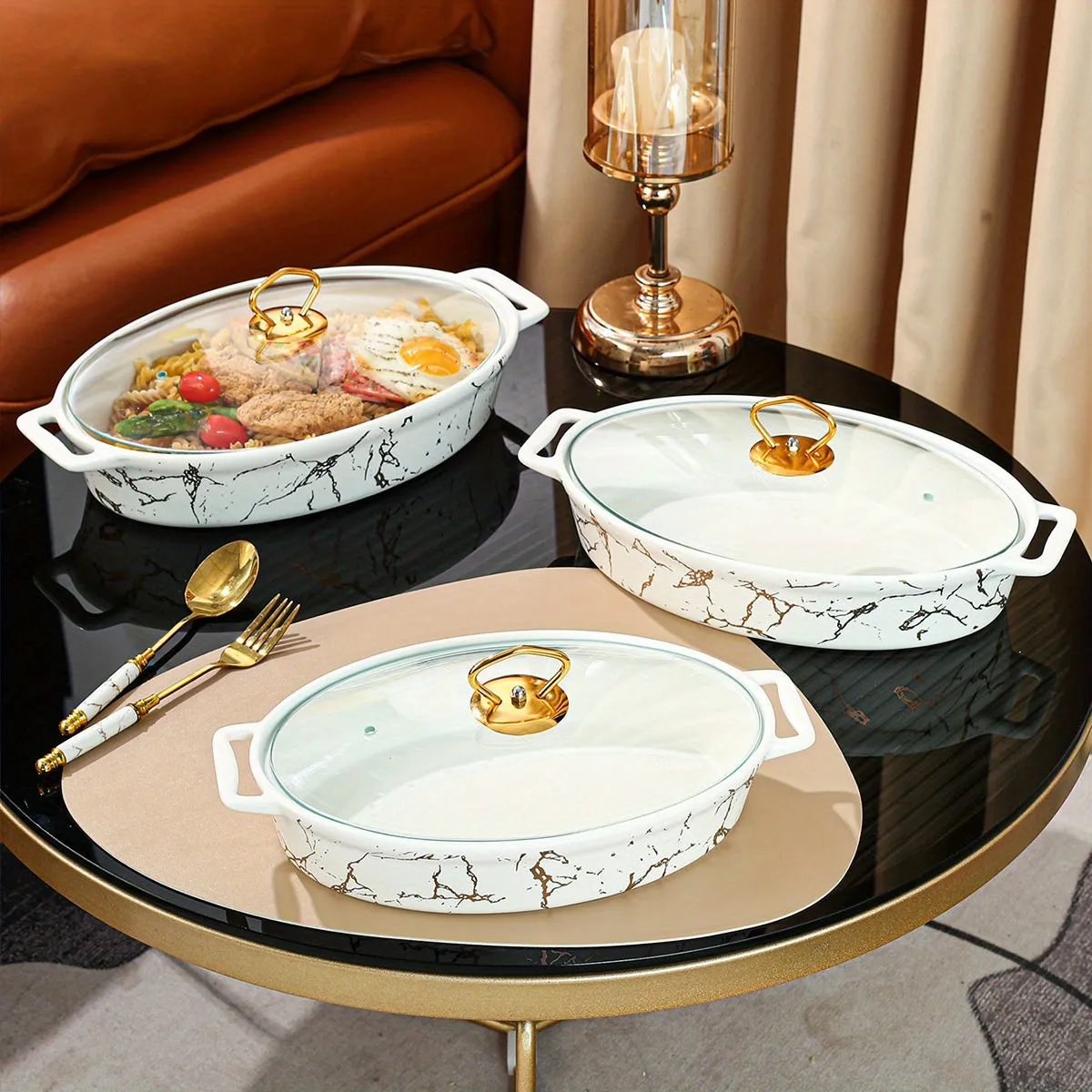 Nordic Style Golden Patterned Oval Ceramic Soup Pot - With Lid, Double Handles, and Dry Pot Functionality - Available in Small, Medium, and Large Sizes, White Color