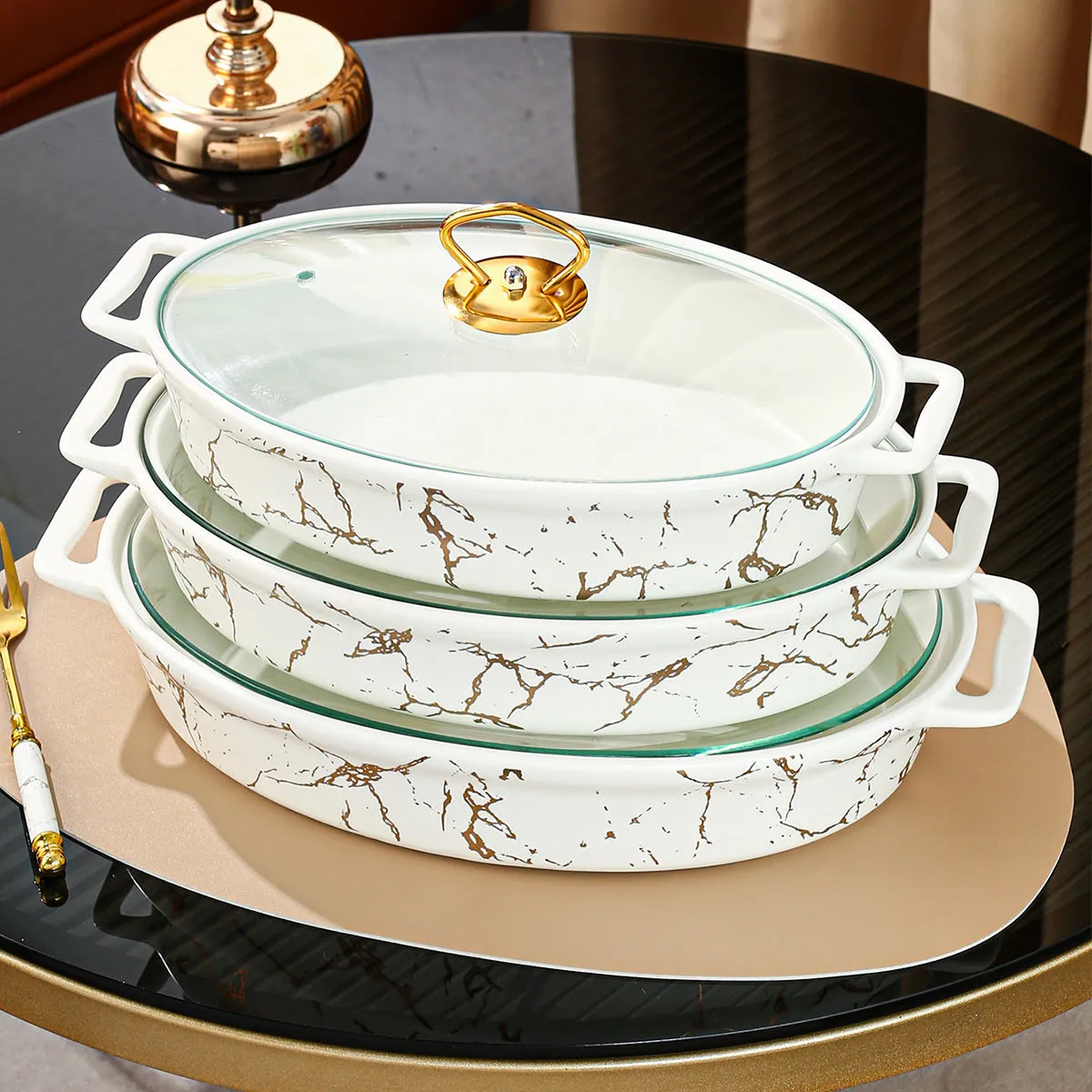 Nordic Style Golden Patterned Oval Ceramic Soup Pot - With Lid, Double Handles, and Dry Pot Functionality - Available in Small, Medium, and Large Sizes, White Color