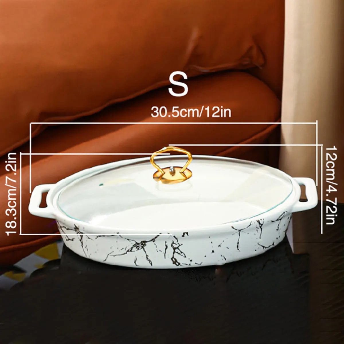 Nordic Style Golden Patterned Oval Ceramic Soup Pot - With Lid, Double Handles, and Dry Pot Functionality - Available in Small, Medium, and Large Sizes, White Color