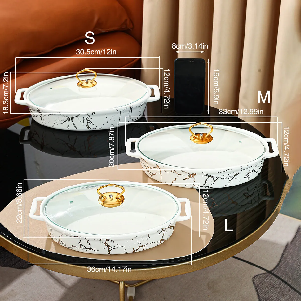 Nordic Style Golden Patterned Oval Ceramic Soup Pot - With Lid, Double Handles, and Dry Pot Functionality - Available in Small, Medium, and Large Sizes, White Color