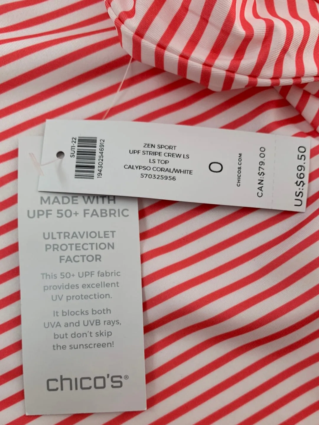 NWT - CHICO'S coral stripe ZENERGY UPF 50  Crew Shirt - 0 | US 4/6 S