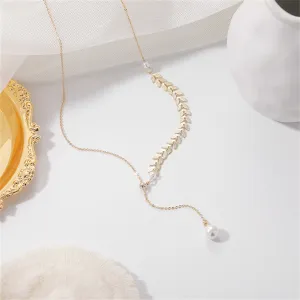Pearl & 18K Gold-Plated Leaves Lariat Necklace