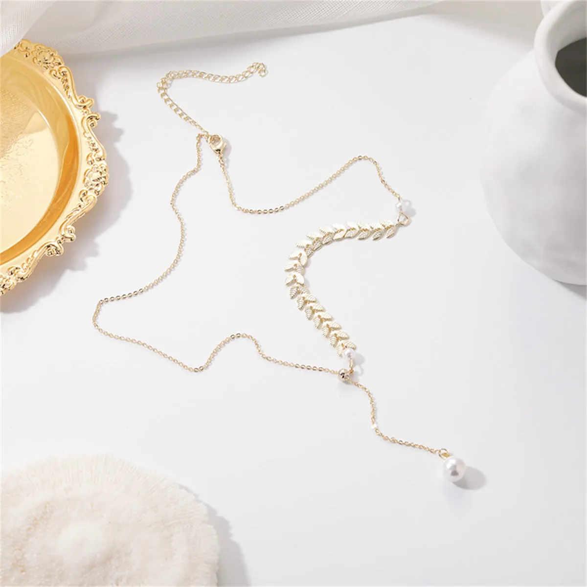 Pearl & 18K Gold-Plated Leaves Lariat Necklace