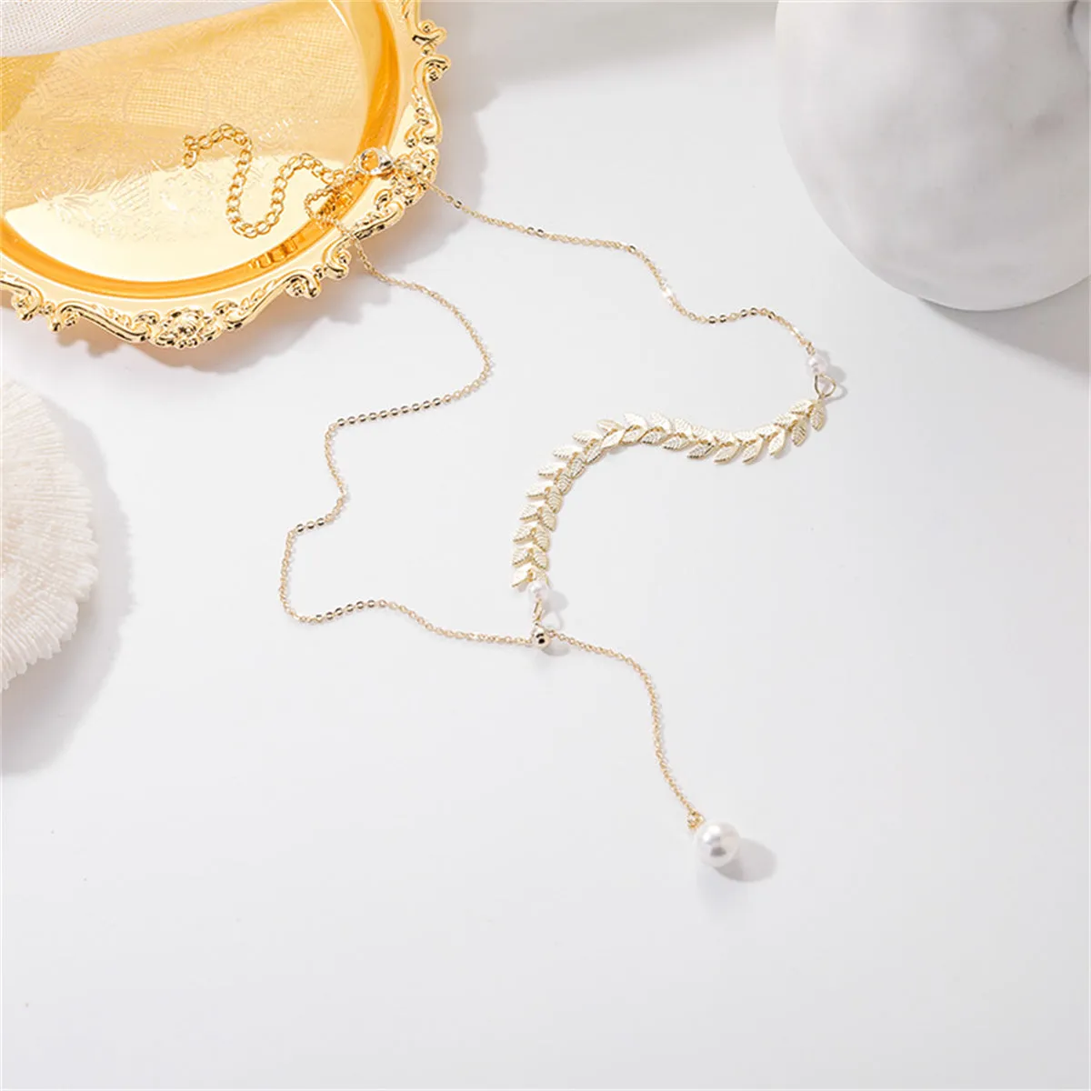 Pearl & 18K Gold-Plated Leaves Lariat Necklace