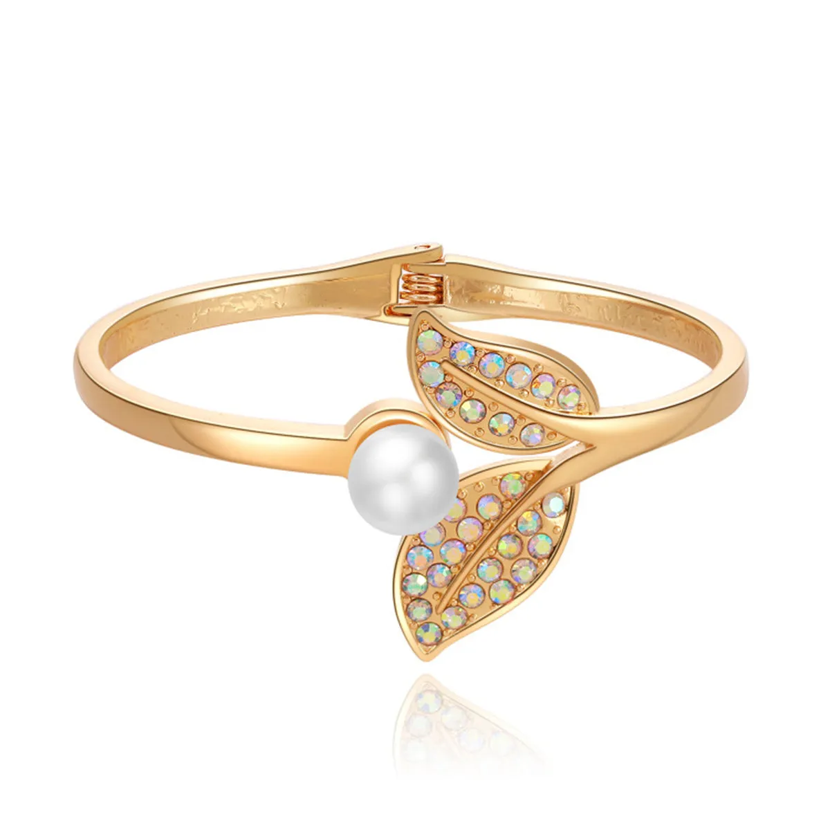 Pearl & Iridescent Cubic Zirconia Leaf Duo Hinge Bangle