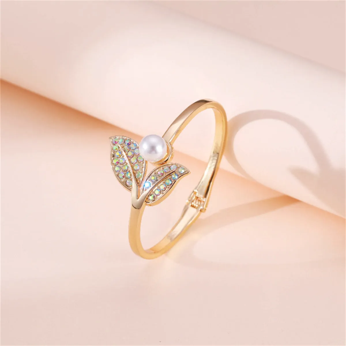 Pearl & Iridescent Cubic Zirconia Leaf Duo Hinge Bangle
