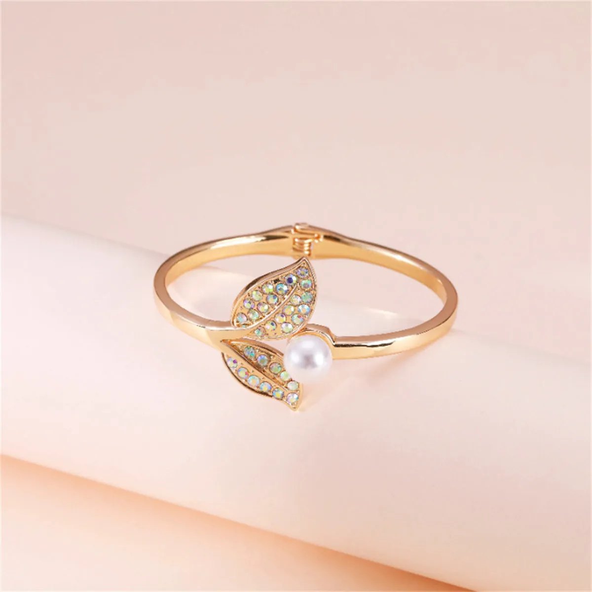 Pearl & Iridescent Cubic Zirconia Leaf Duo Hinge Bangle