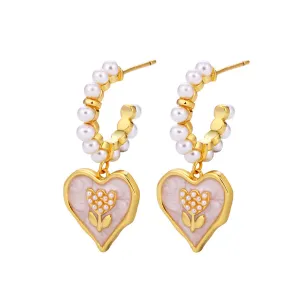 Pearl & White Enamel 18K Gold-Plated Tulip Heart Huggie Earrings