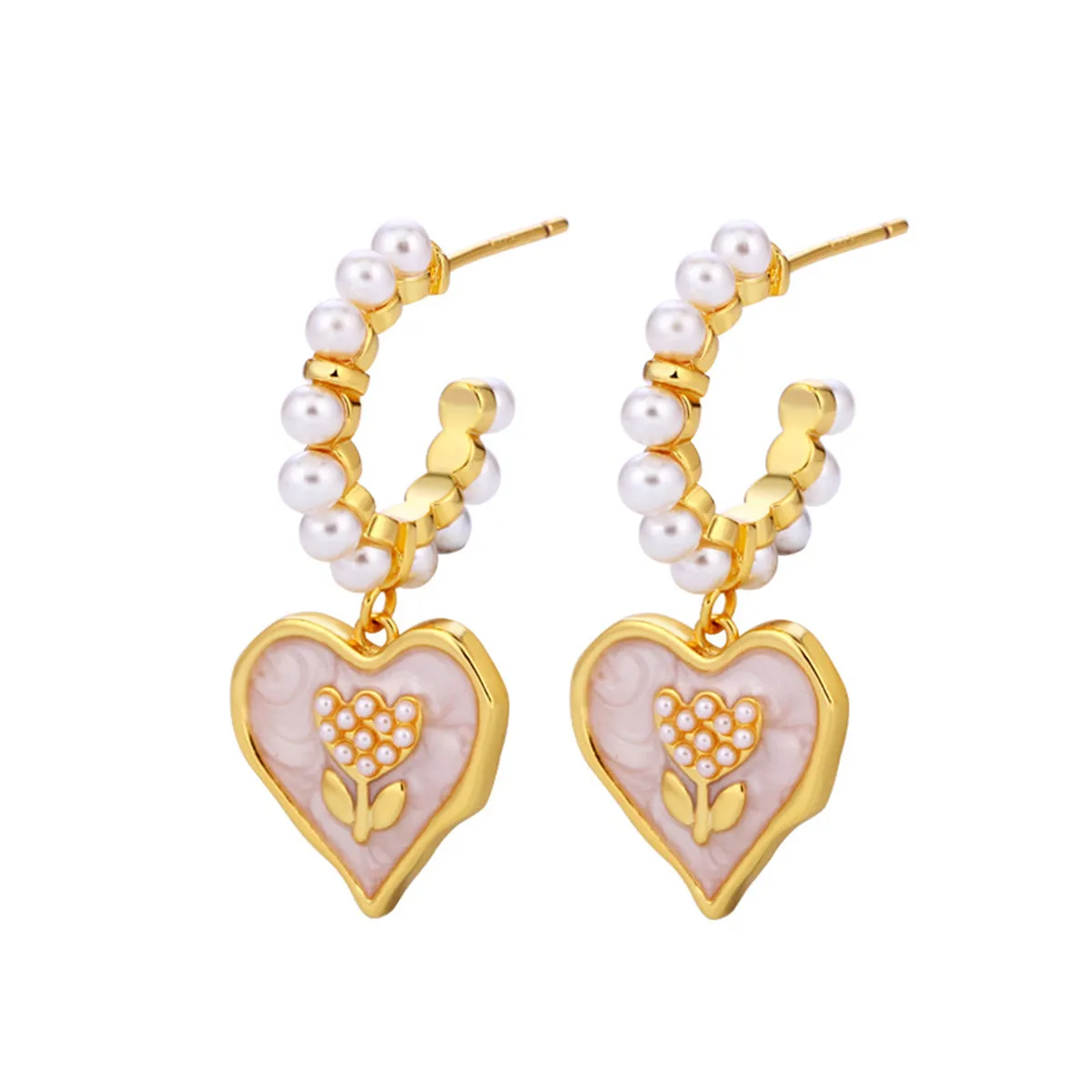 Pearl & White Enamel 18K Gold-Plated Tulip Heart Huggie Earrings