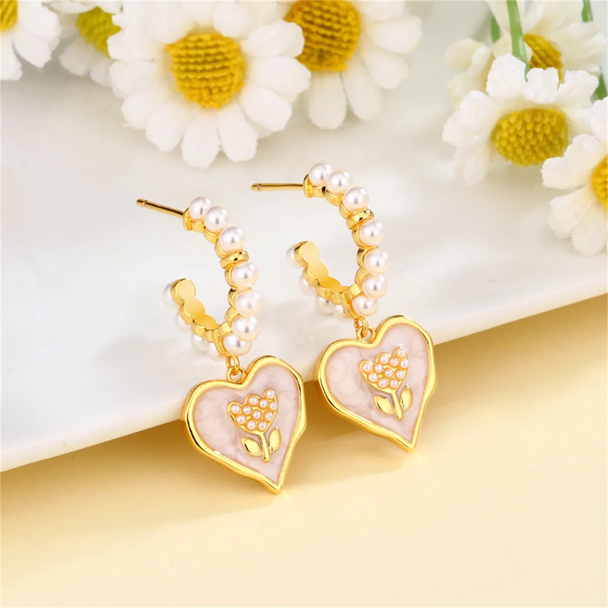 Pearl & White Enamel 18K Gold-Plated Tulip Heart Huggie Earrings