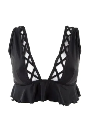 PEEK & BEAU Women's Black Lattice Ruffle Bikini Top NWT