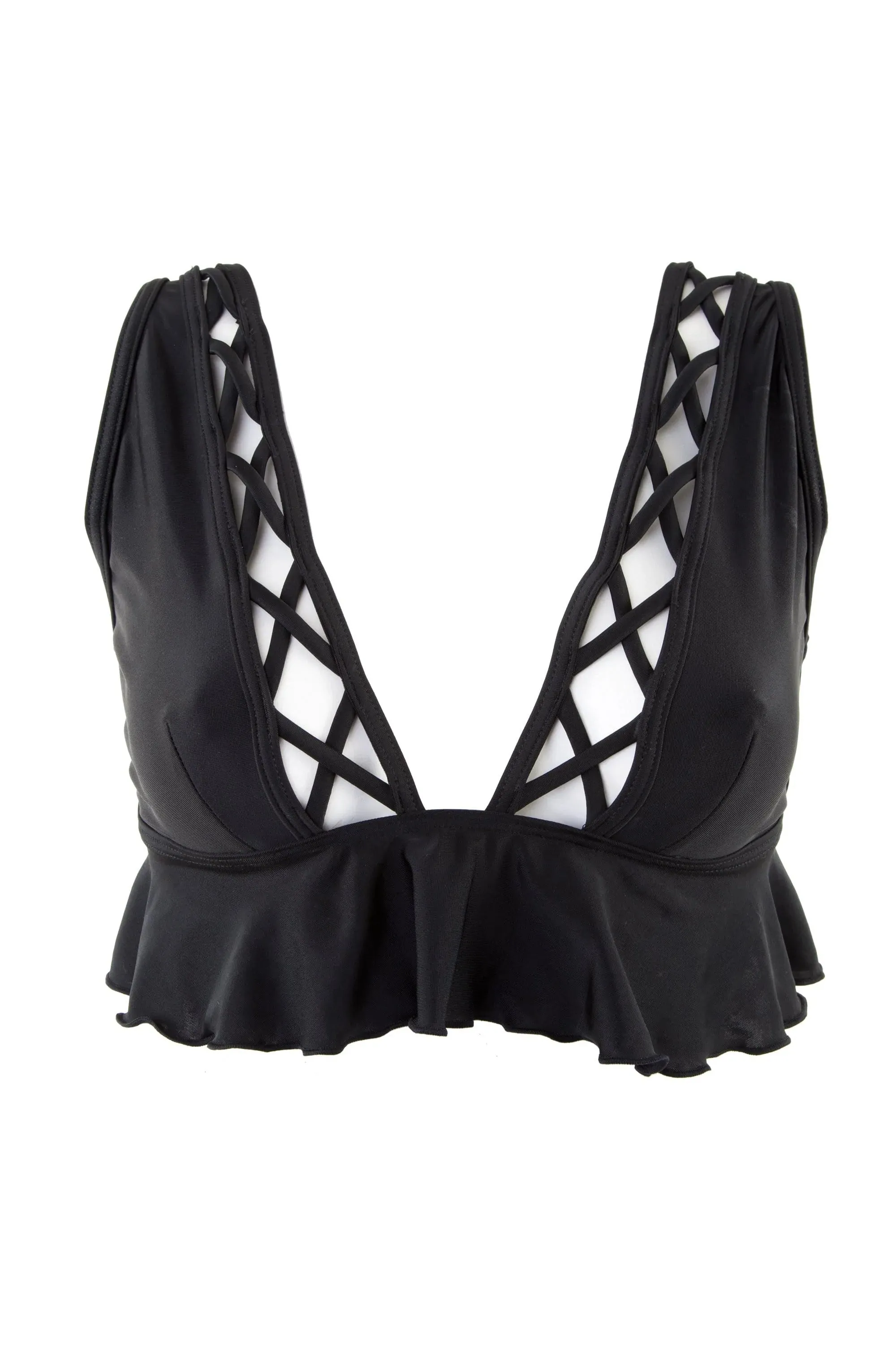 PEEK & BEAU Women's Black Lattice Ruffle Bikini Top NWT