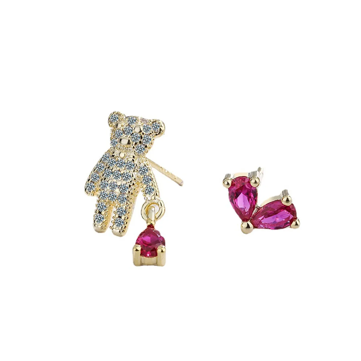 Pink Crystal & Cubic Zirconia Bear & Heart Mismatching Earrings