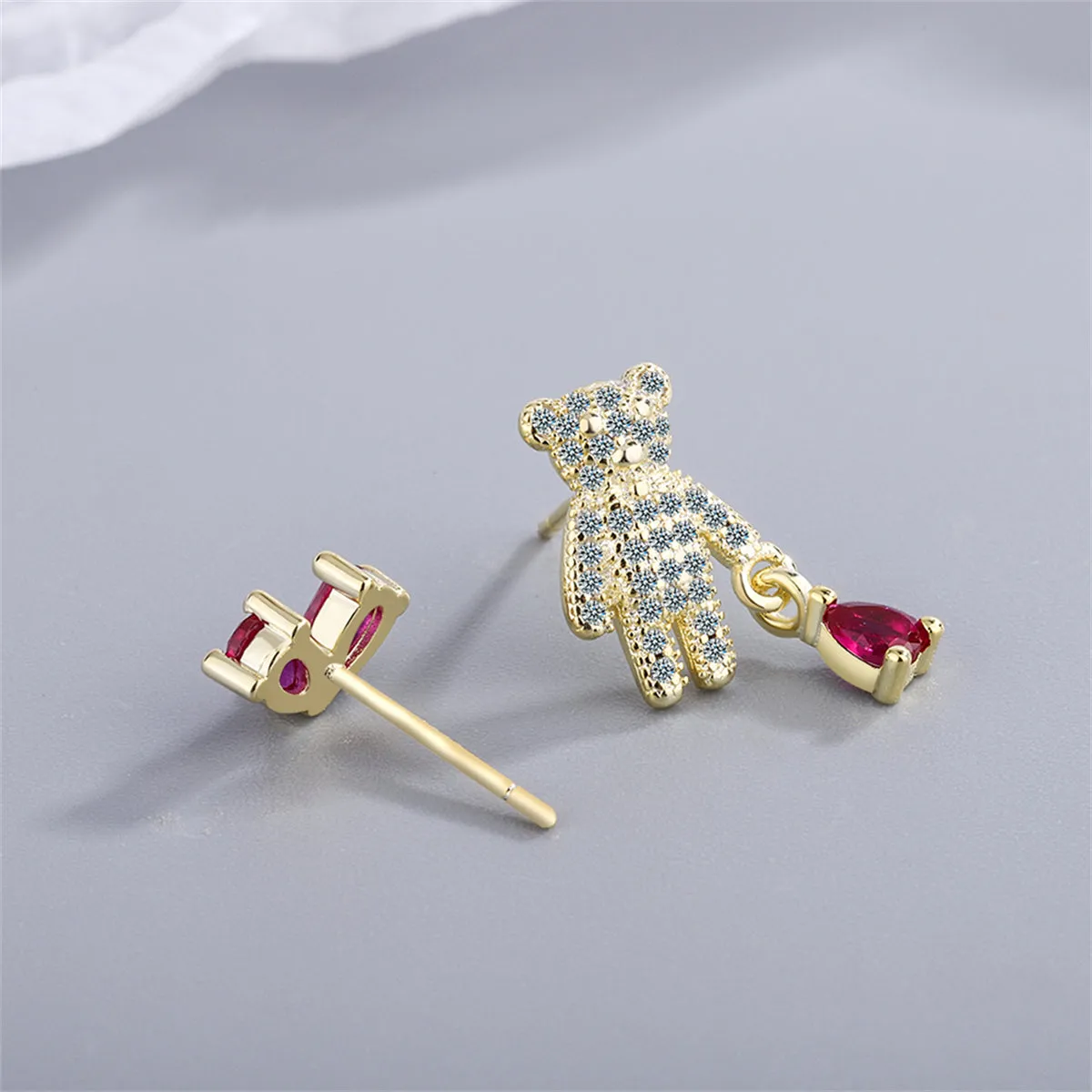 Pink Crystal & Cubic Zirconia Bear & Heart Mismatching Earrings