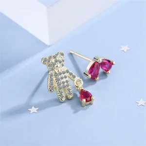 Pink Crystal & Cubic Zirconia Bear & Heart Mismatching Earrings