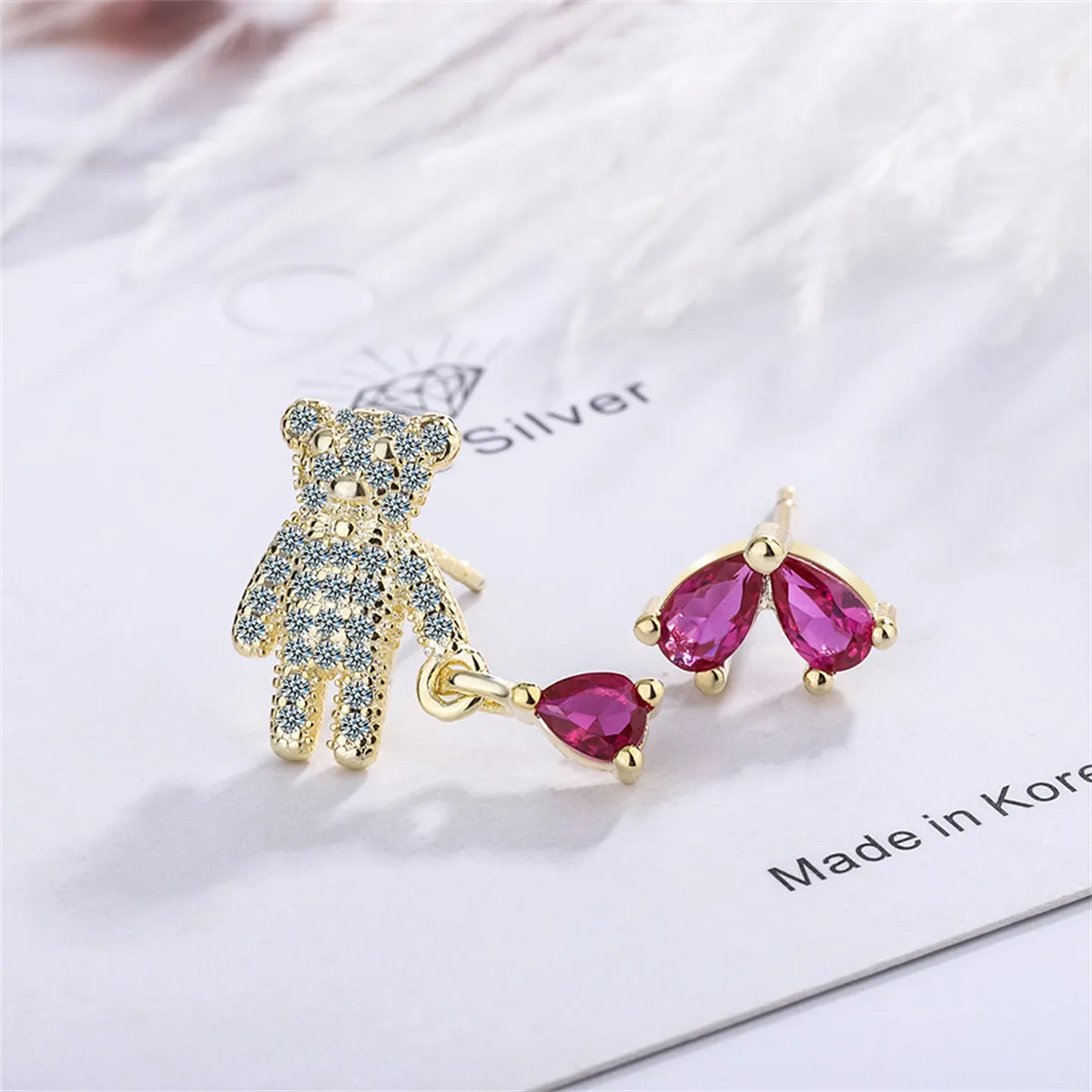 Pink Crystal & Cubic Zirconia Bear & Heart Mismatching Earrings