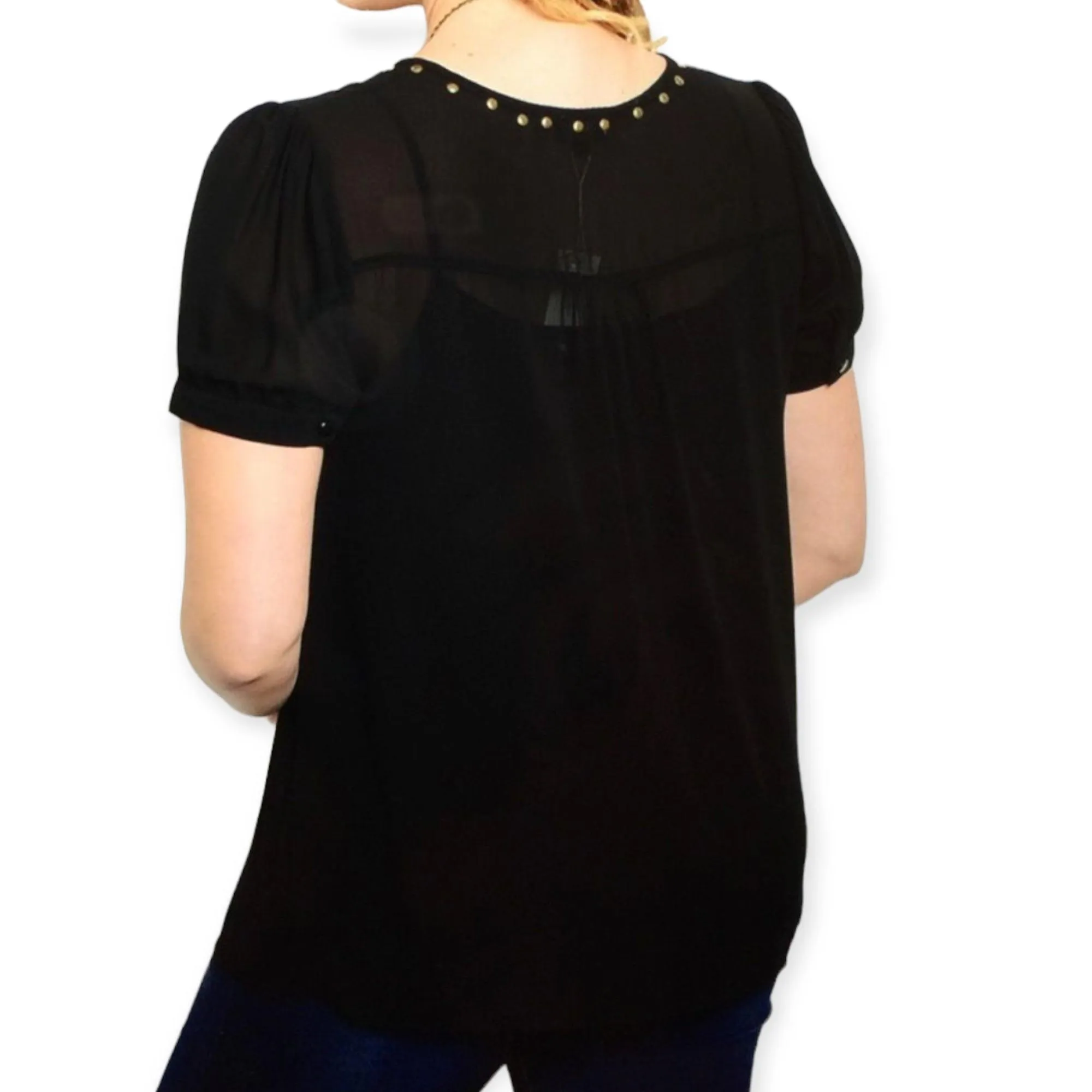 Plus Size V-Neck Studded Black Blouse