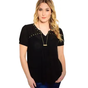 Plus Size V-Neck Studded Black Blouse