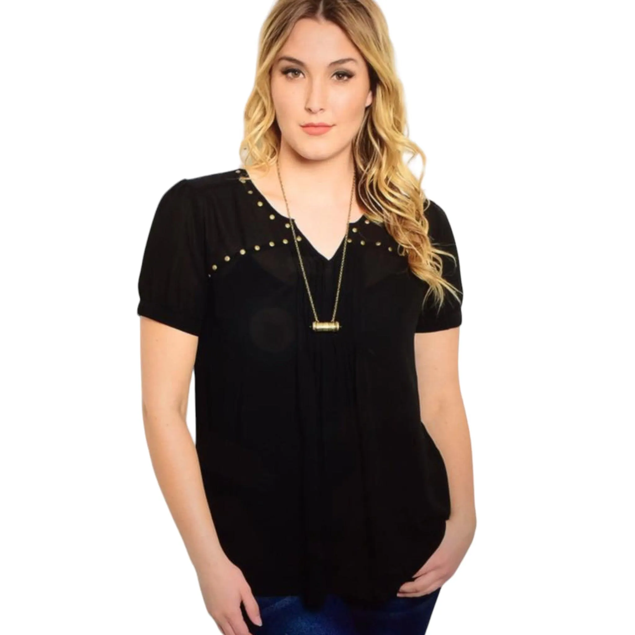 Plus Size V-Neck Studded Black Blouse