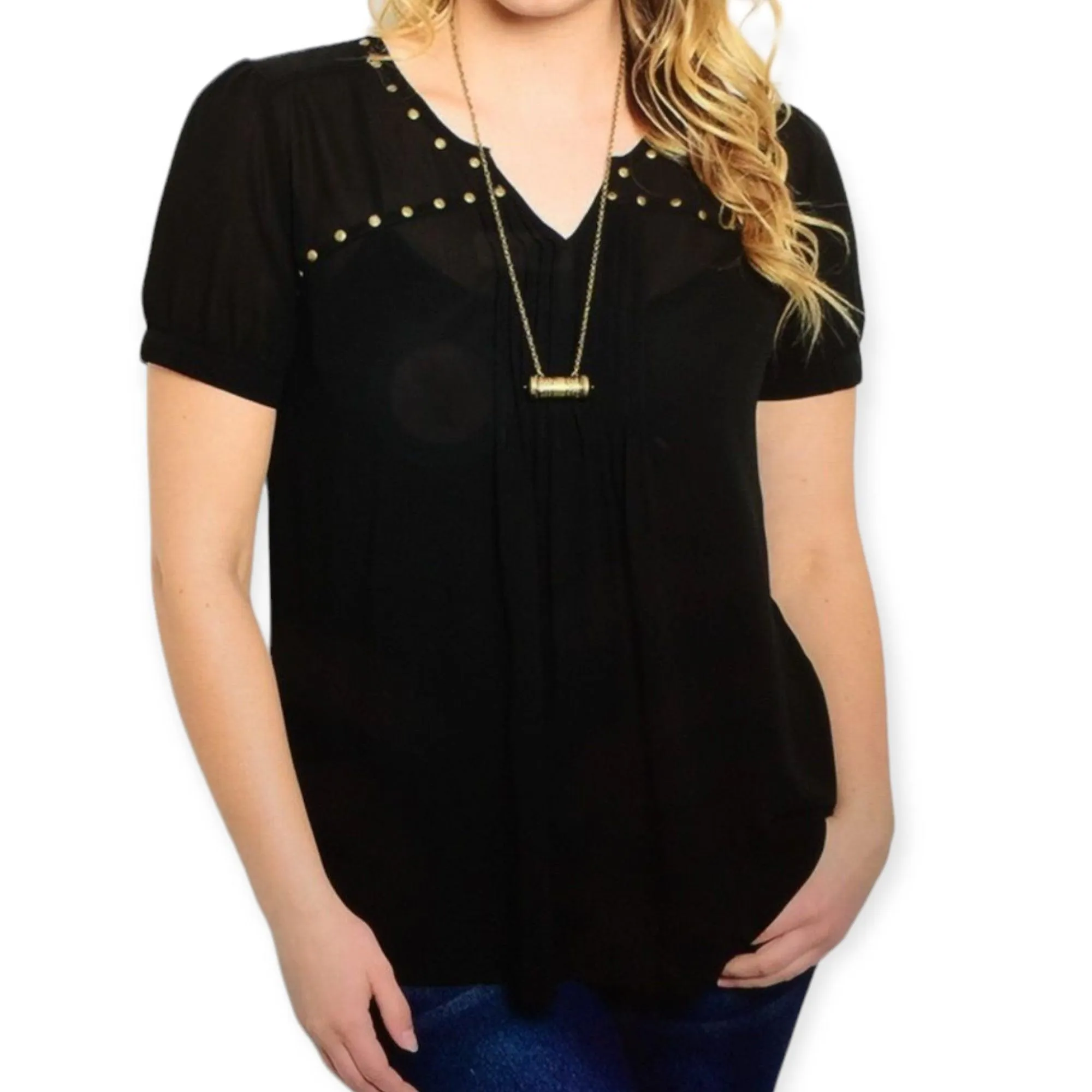 Plus Size V-Neck Studded Black Blouse