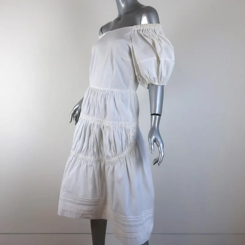 Prada Off the Shoulder Dress White Ruched Tiered Cotton Size 42