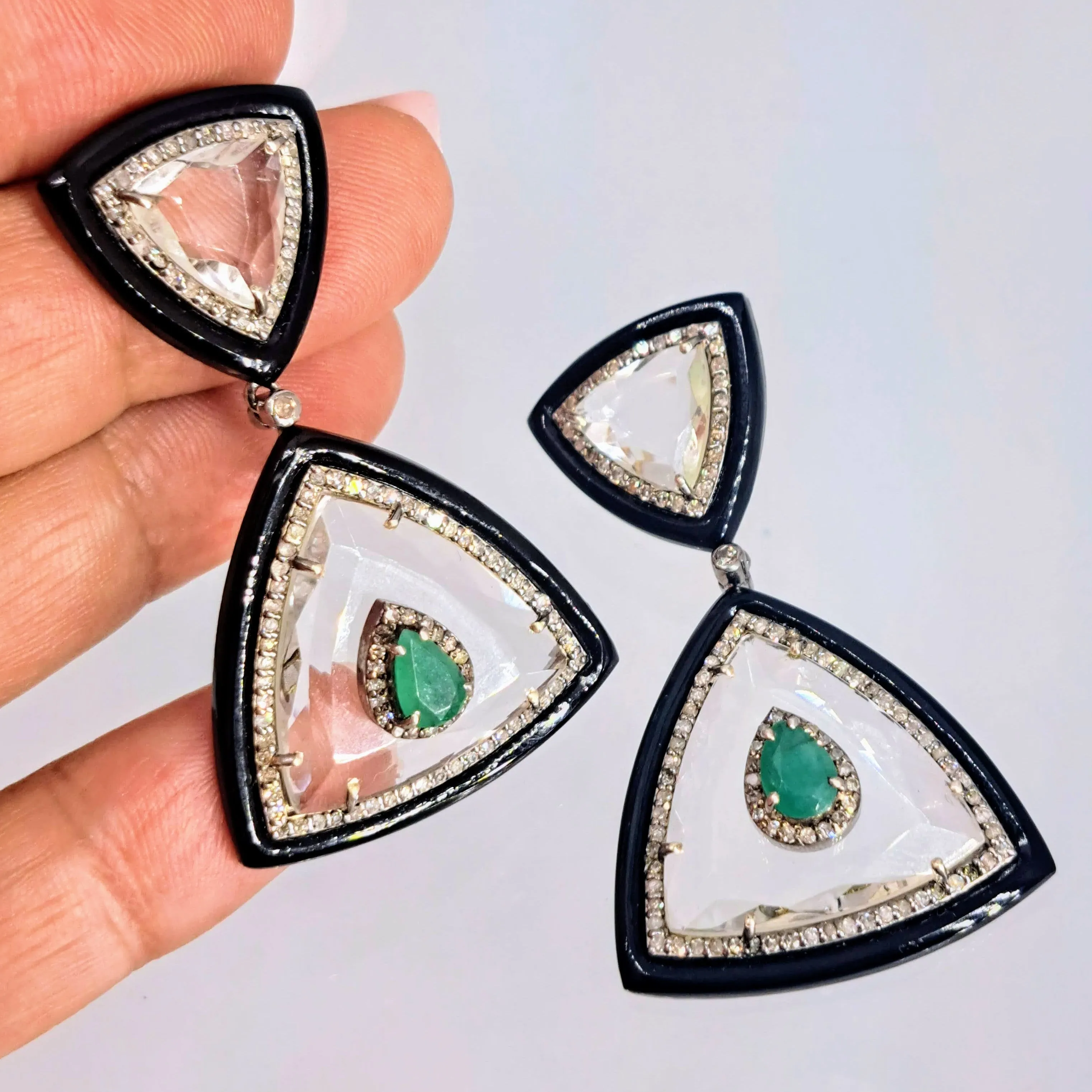 "The Sophisticate" 2" Earrings - Diamonds, Emerald, Quartz, Black Onyx, Sterling, 18K Gold Posts