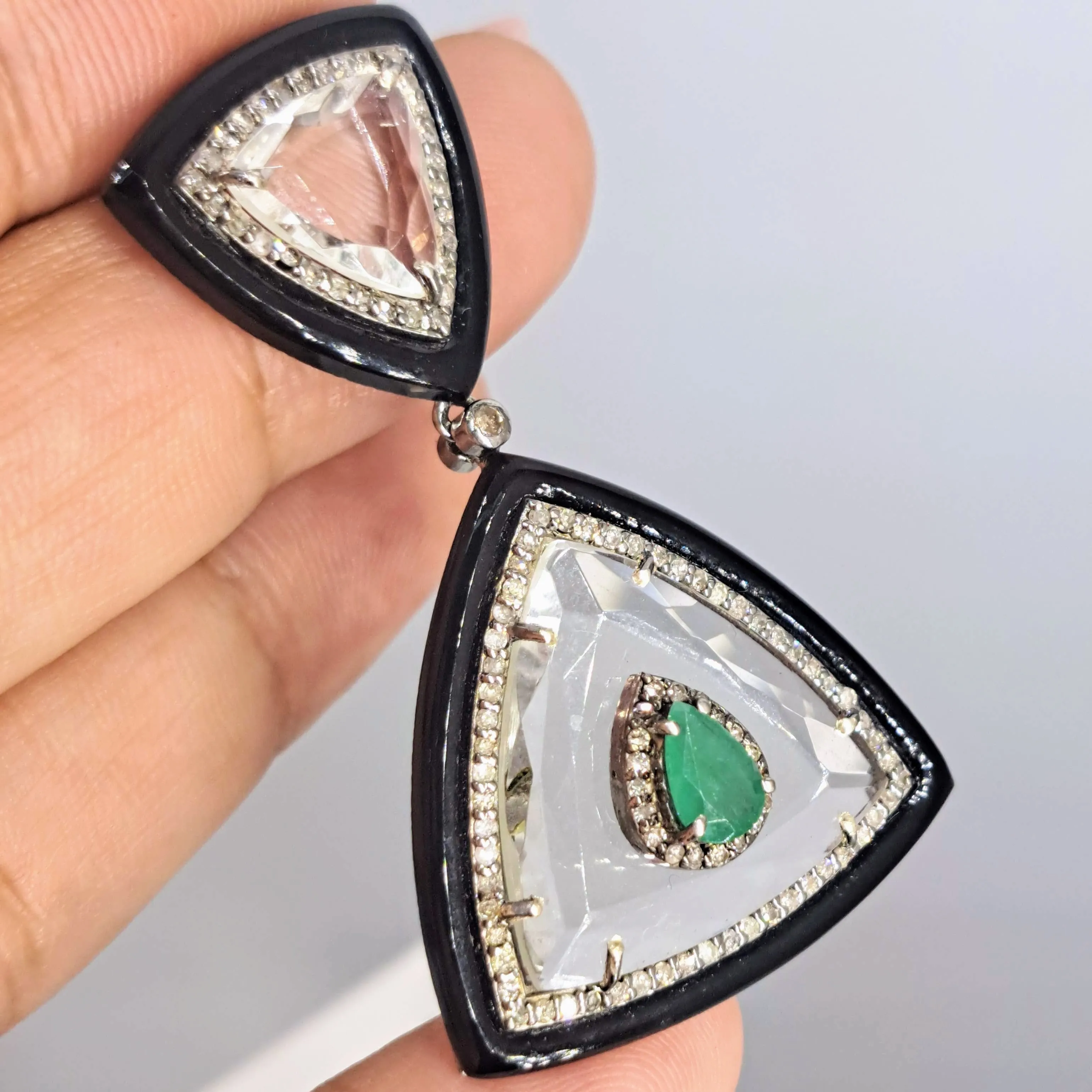 "The Sophisticate" 2" Earrings - Diamonds, Emerald, Quartz, Black Onyx, Sterling, 18K Gold Posts