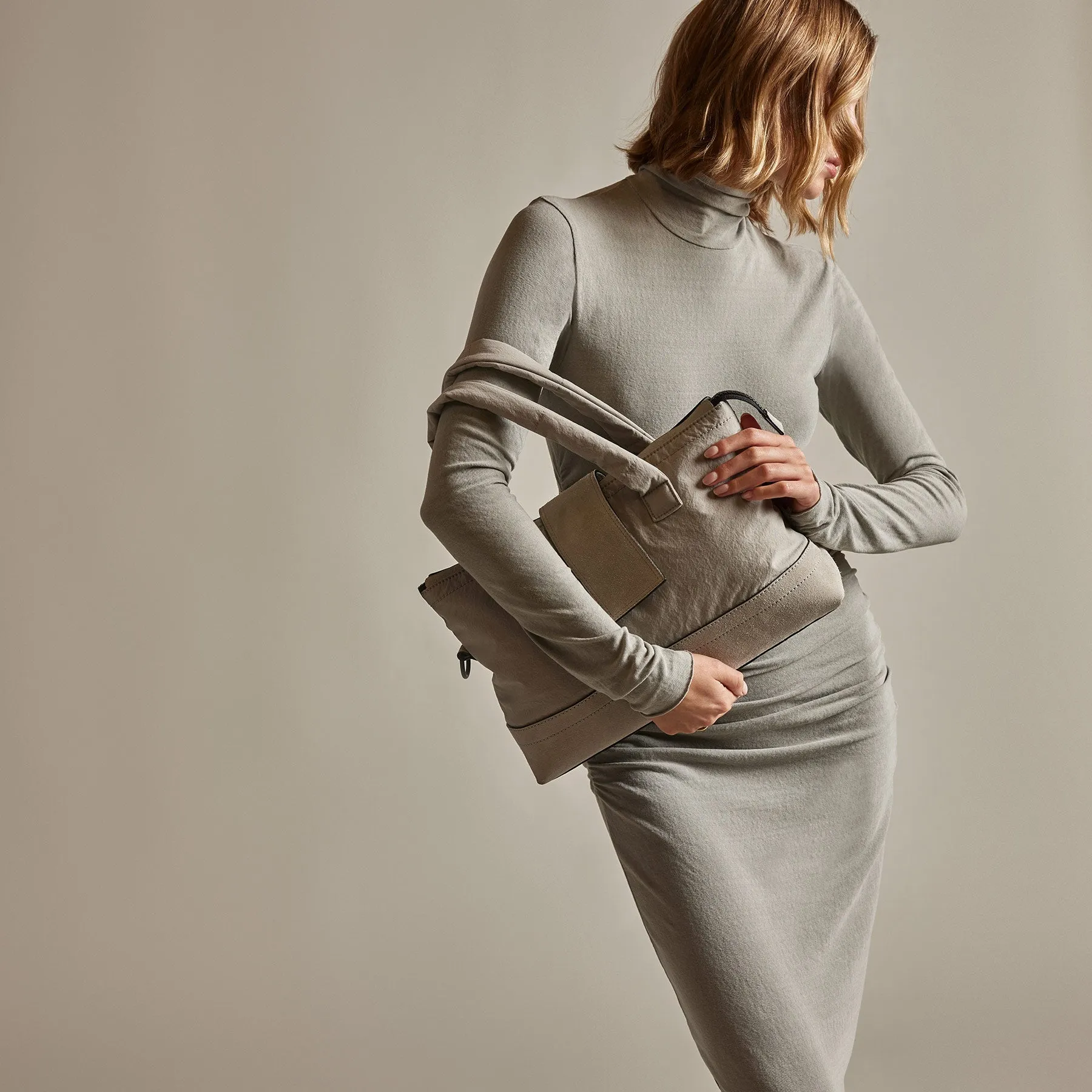 Recycled Brushed Jersey Ruched Turtleneck Dress - Dapple Pigment