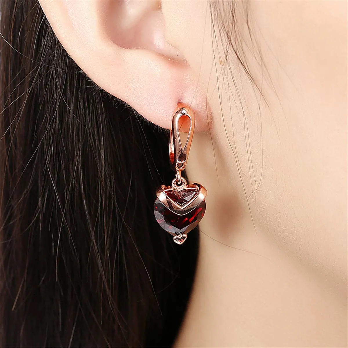Red Crystal & 18K Rose Gold-Plated Heart Drop Earring