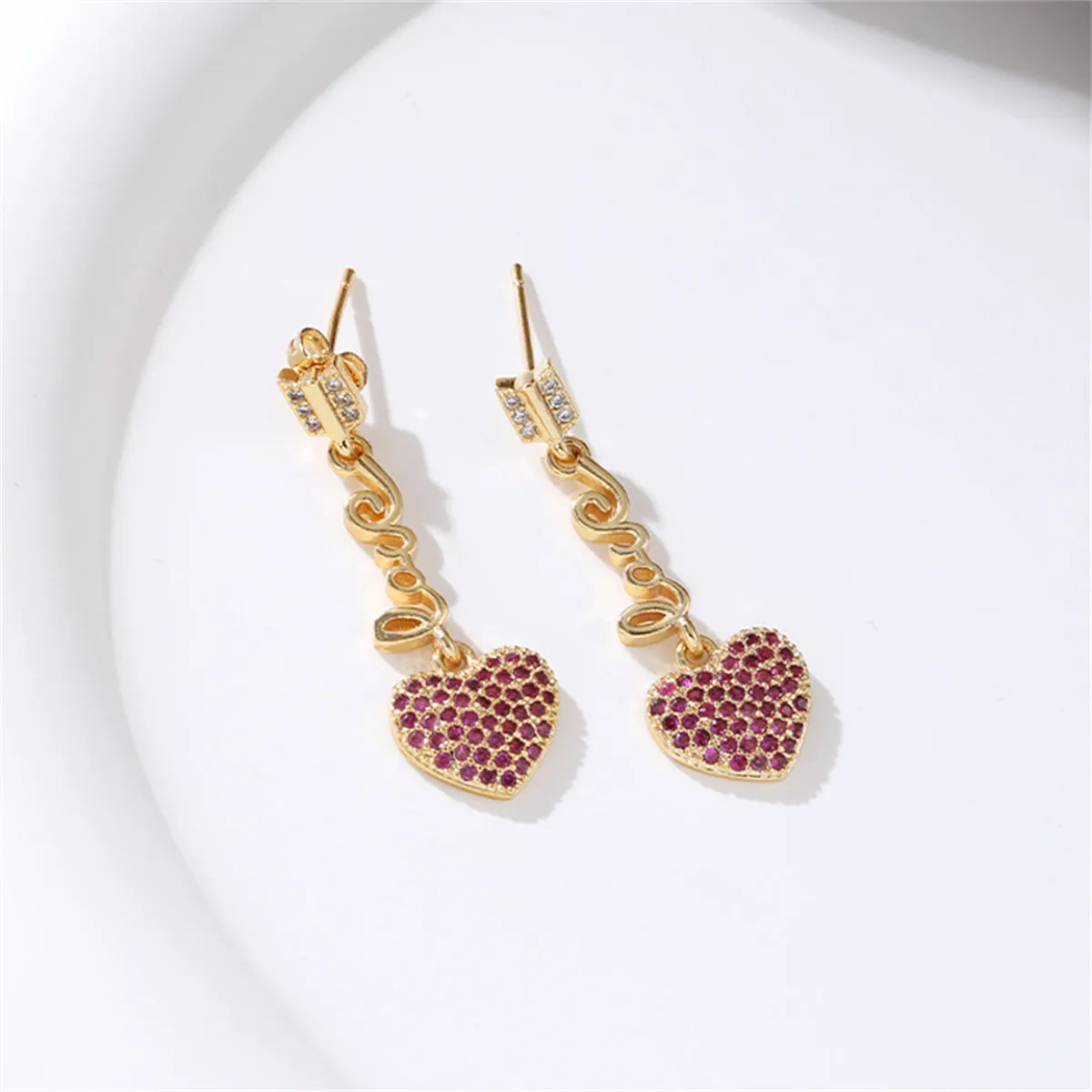 Red Cubic Zirconia & 18K Gold-Plated 'LOVE' Heart Drop Earrings