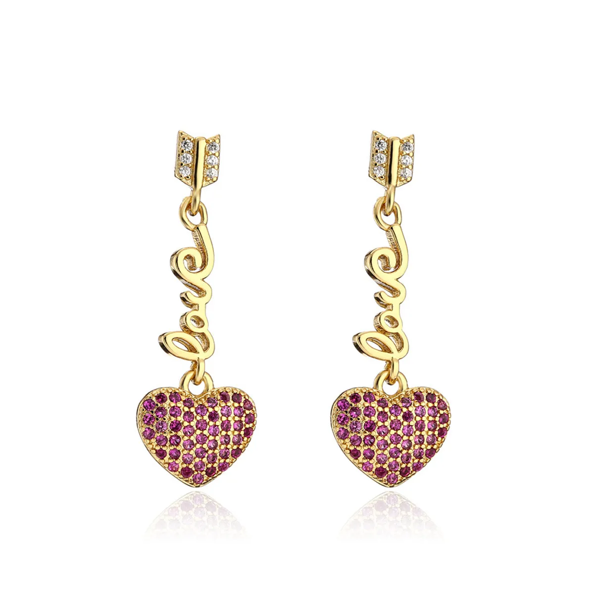 Red Cubic Zirconia & 18K Gold-Plated 'LOVE' Heart Drop Earrings