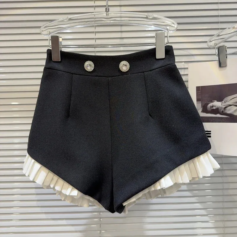 Rhinestone Metal Buttons Women's Shorts Ruched Ruffles Black Shorts