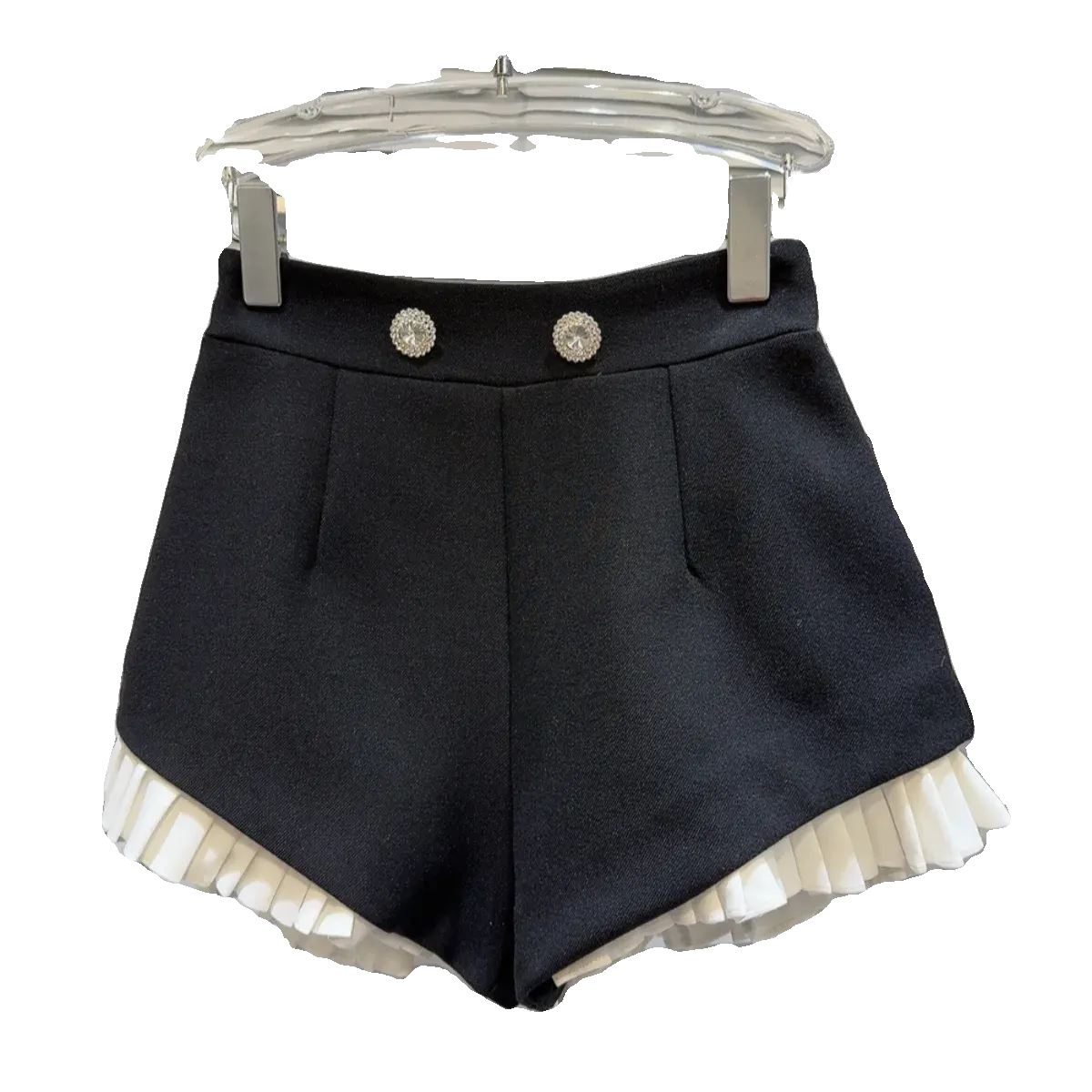 Rhinestone Metal Buttons Women's Shorts Ruched Ruffles Black Shorts