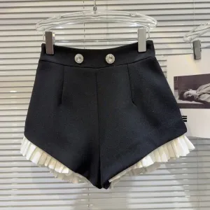 Rhinestone Metal Buttons Women's Shorts Ruched Ruffles Black Shorts