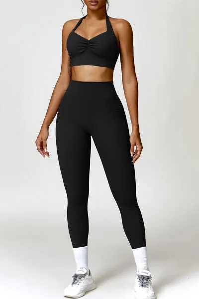 Ruched Halter Neck Bra and Pocketed Leggings Active Set