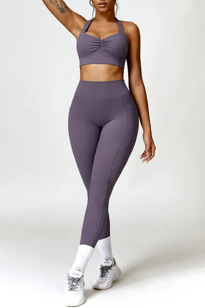 Ruched Halter Neck Bra and Pocketed Leggings Active Set