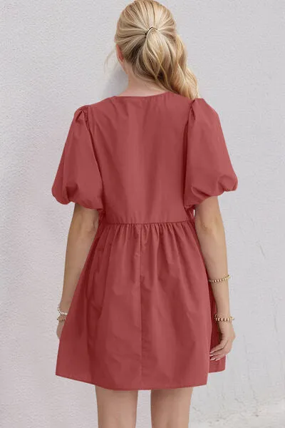 Ruched Puff Sleeve Mini Dress