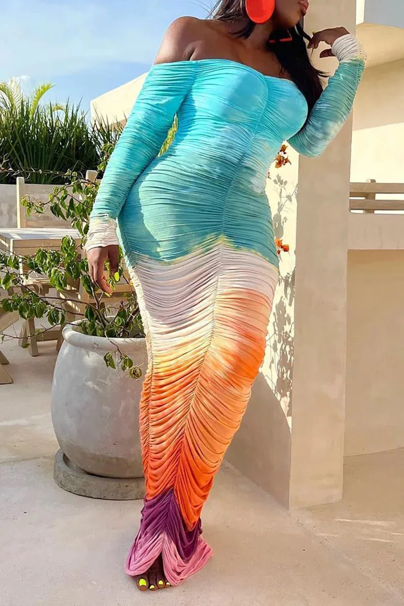 Ruched Tie Dye Off the Shoulder Dress