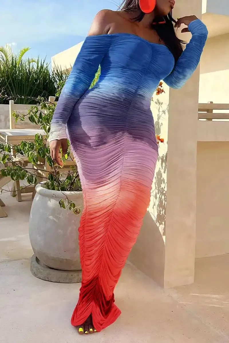 Ruched Tie Dye Off the Shoulder Dress