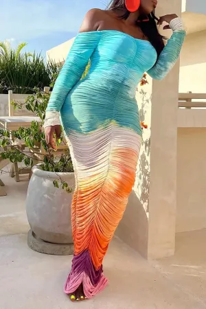 Ruched Tie Dye Off the Shoulder Dress