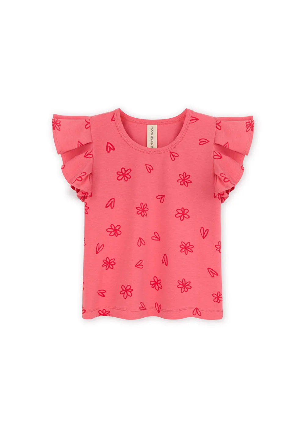 Ruffled sleeve printed red t-shirt by Kids On The Moon