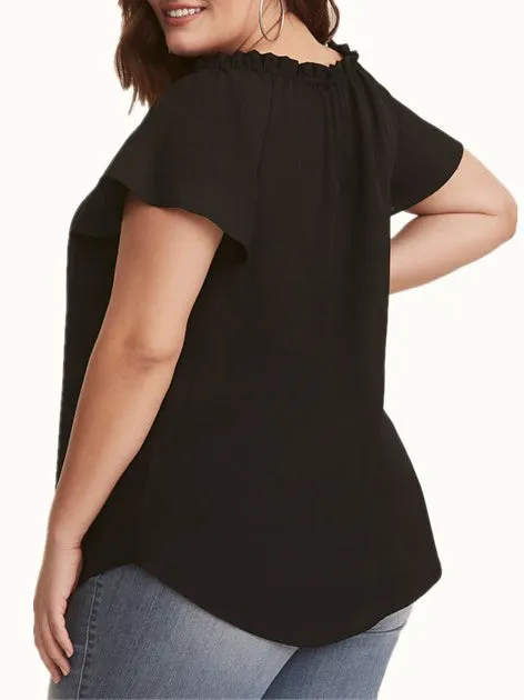 Ruffled V-neck Lace-up Short-sleeved T-shirt