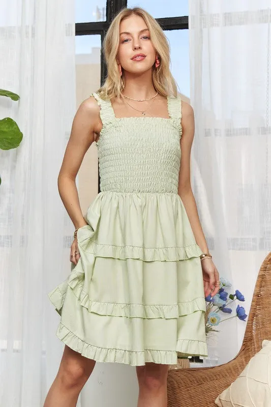 Sage Smocked Ruffled Wide Strap Mini Dress