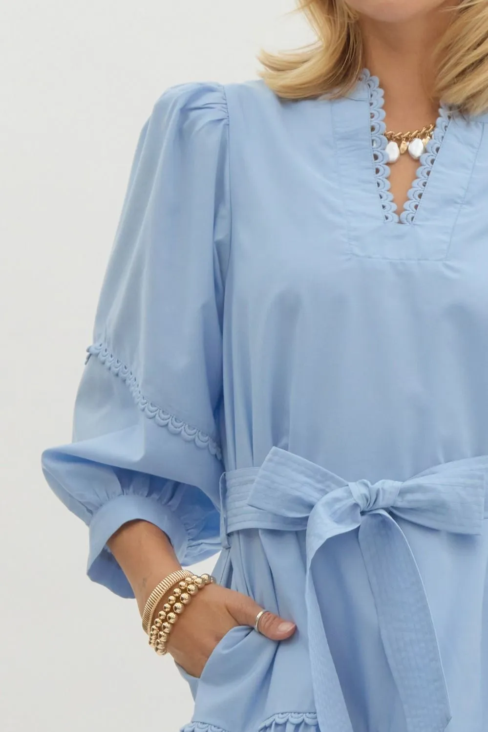Scallop Trim Mini Dress {Light Blue}