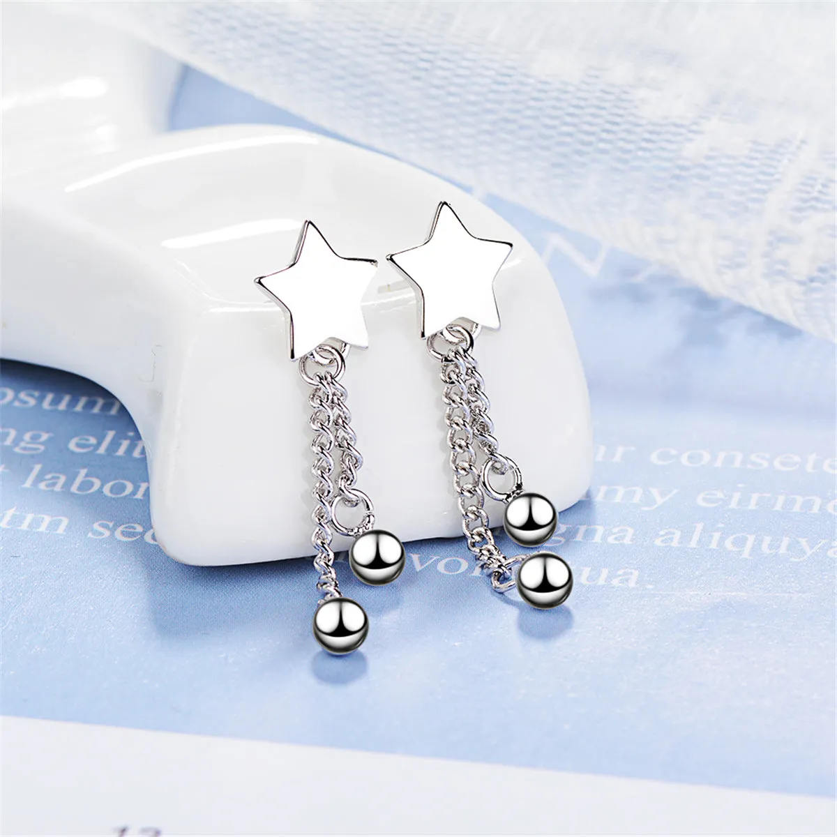 Silver-Plated Star & Bead Tassel Drop Earrings