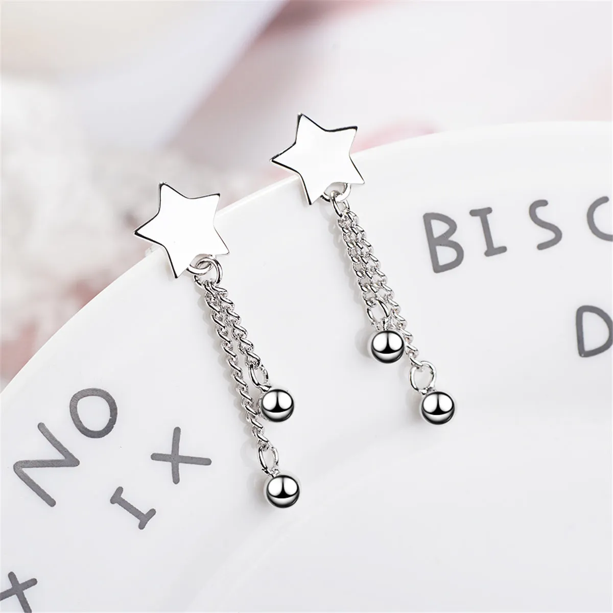 Silver-Plated Star & Bead Tassel Drop Earrings