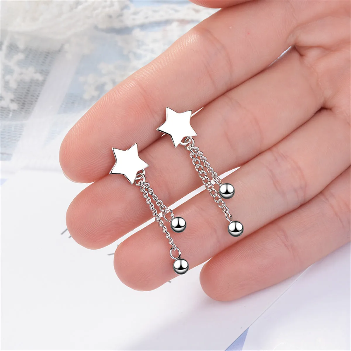 Silver-Plated Star & Bead Tassel Drop Earrings