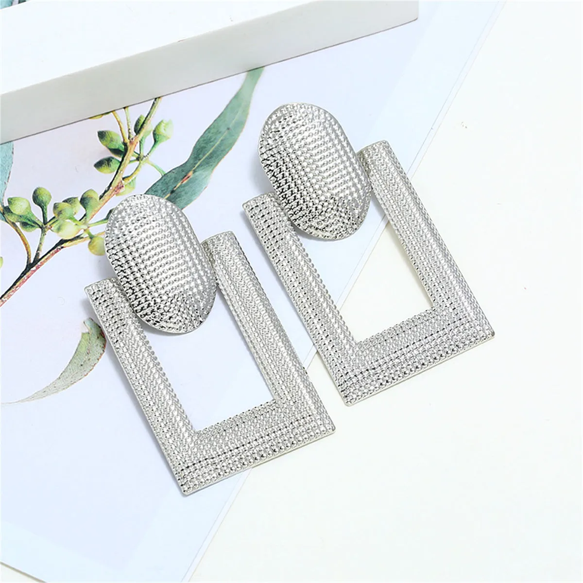 Silver-Plated Studded Open Rectangle Drop Earrings